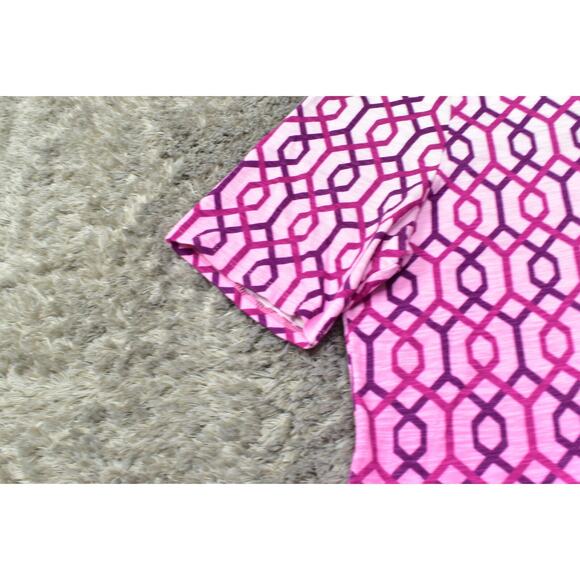 Chico's Size 3 Purple Cotton Blend Blouse Crew Neck Short Sleeve Geometric - Picture 6 of 7